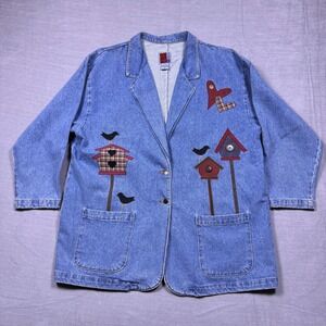 VTG Sun Belt‎ Denim Blazer XL Birdhouse Applique Jean Jacket Womenswear Coat